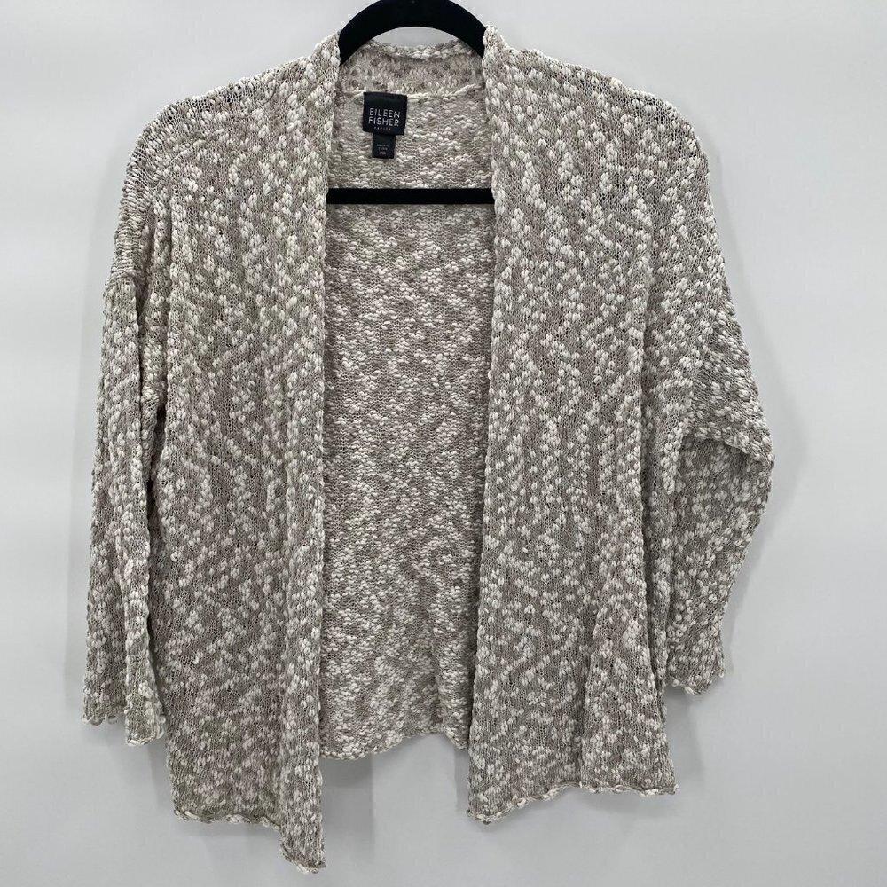Eileen Fisher Taupe & White Cotton Silk Nylon Nubble Knit Simple Cardigan